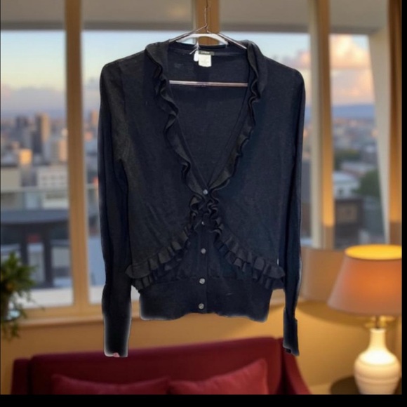 J. Crew Black wool with Ruffles from and back cardigan Size medium - Picture 8 of 11